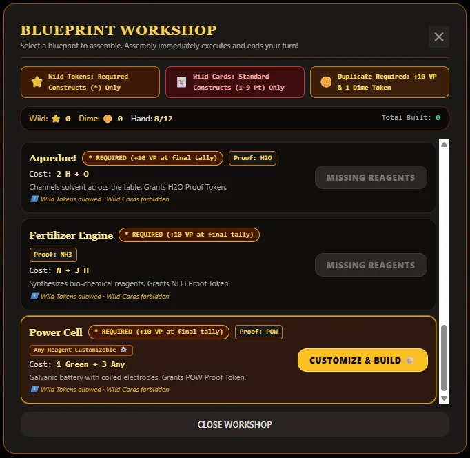 The Blueprint Workshop panel listing the Aqueduct, Fertilizer Engine and Power Cell blueprints with their costs, and a Customize and Build button for the Power Cell.