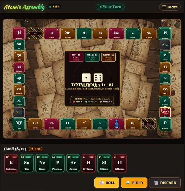 The Atomic Assembly board: a 34-space track of element tiles around a central rolling tray showing two dice, with the player's hand of element cards and the Roll, Build and Discard buttons underneath.