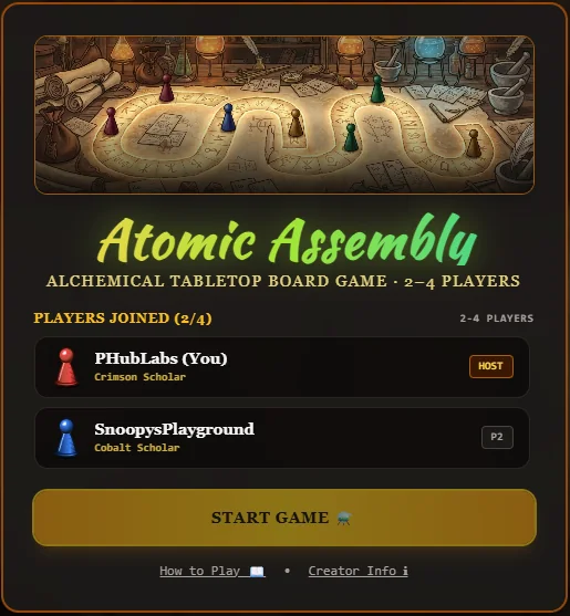 The Atomic Assembly lobby, showing an illustrated alchemist's workshop banner, two seated players named with their pawn colors, and a Start Game button.