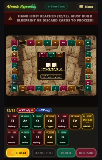 Atomic Assembly on a phone: a warning that the hand limit of 12 is reached, a scaled-down board, and a hand of element cards with Wild, Build and Discard buttons.