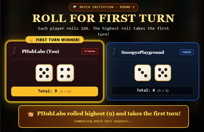 The roll-off screen: each player's two dice and their total, with the highest roller marked as first turn winner.