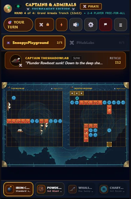 Round 4 of 4 in Grand Armada Trench on a phone: a row of opponent tabs at the top, the player's own grid on the left with hits and misses, the targeted opponent's grid on the right, and a dock of weapons along the bottom.