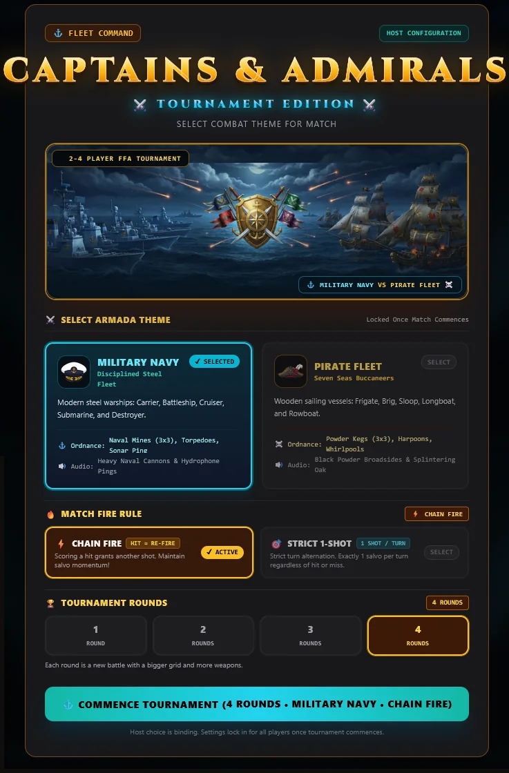 The Tournament Edition host setup screen: the game title, a Military Navy versus Pirate Fleet banner, theme choice cards, a Chain Fire or Strict 1-Shot rule choice, tournament rounds from 1 to 4, and a Commence Tournament button.