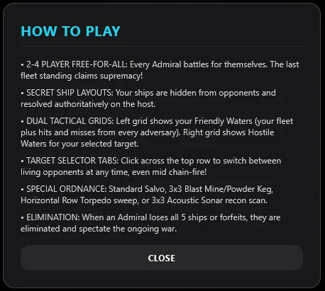 The in-game How to Play panel summarizing the free-for-all rules, secret ship layouts, dual grids, target selector tabs, special weapons and elimination.