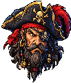 Pixel-art portrait of Captain Barnaby, a bearded pirate in a black tricorn hat with a skull emblem and a red bandana.