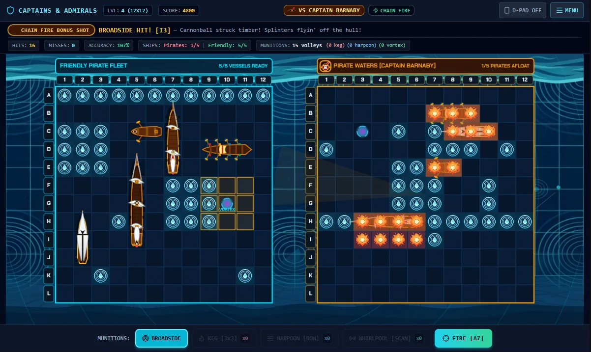 A Level 4 battle against Captain Barnaby on a 12 by 12 grid: the player's friendly pirate fleet on the left with enemy hits and a whirlpool scan marker, the enemy waters on the right with most of the pirate ships already hit, a status bar with hits, misses, accuracy and ships remaining, and a weapons bar along the bottom.