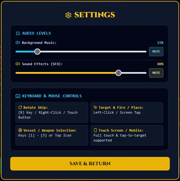 The Settings panel with separate sliders and mute buttons for background music and sound effects, and a summary of the keyboard, mouse and touch controls.